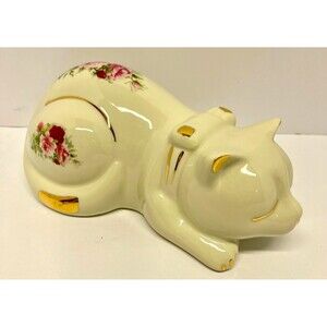 Formalities Baum Bros Victorian Rose Porcelain Cat Figurine Gold Trim